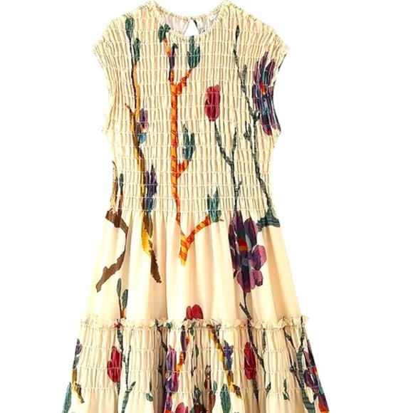 MIDI PRINTED PLEATED BOHEMIAN STYLE AUTUMN PRINT BROWNS SMOCKED TIERS DRESS - Picture 1 of 9